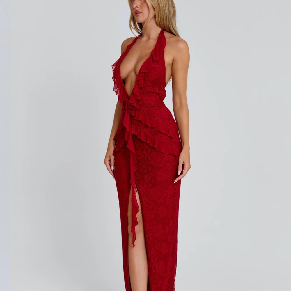 Outcast Clothing Deep V Ruffle-Trim Red Lace Evening Dress Small